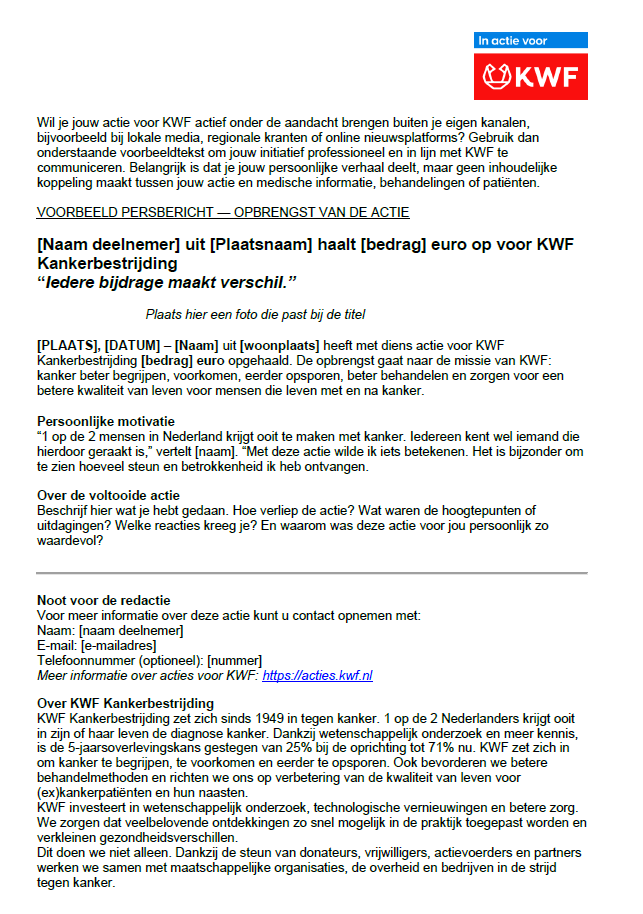 Voorbeeld persbericht opbrengst actie