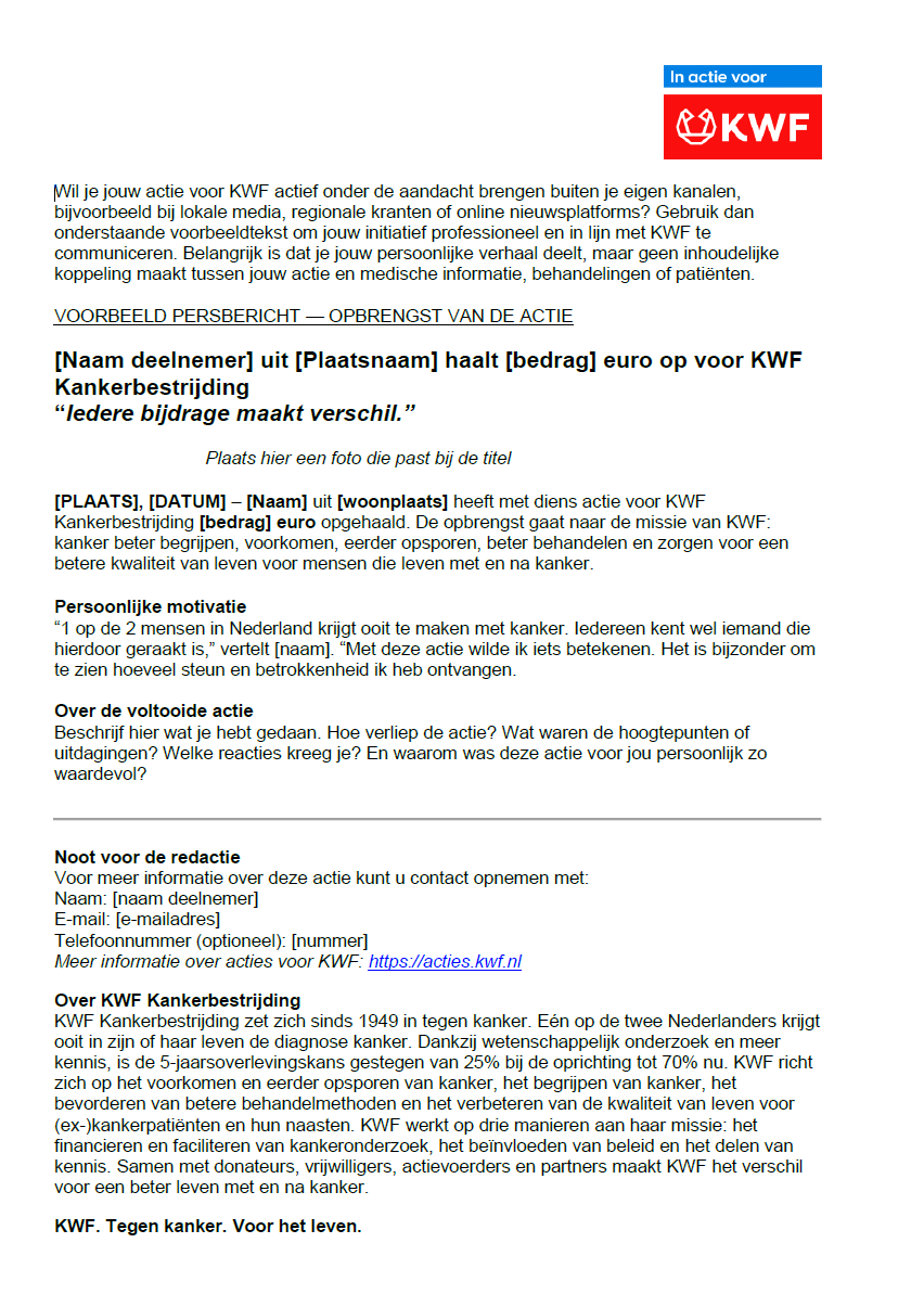 Voorbeeld persbericht opbrengst actie