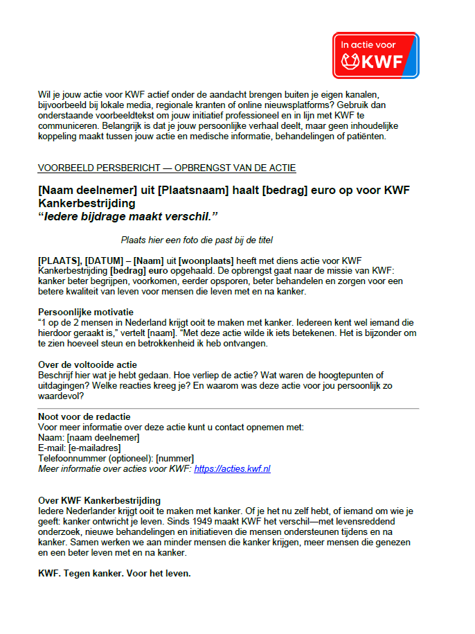 Voorbeeld persbericht opbrengst actie